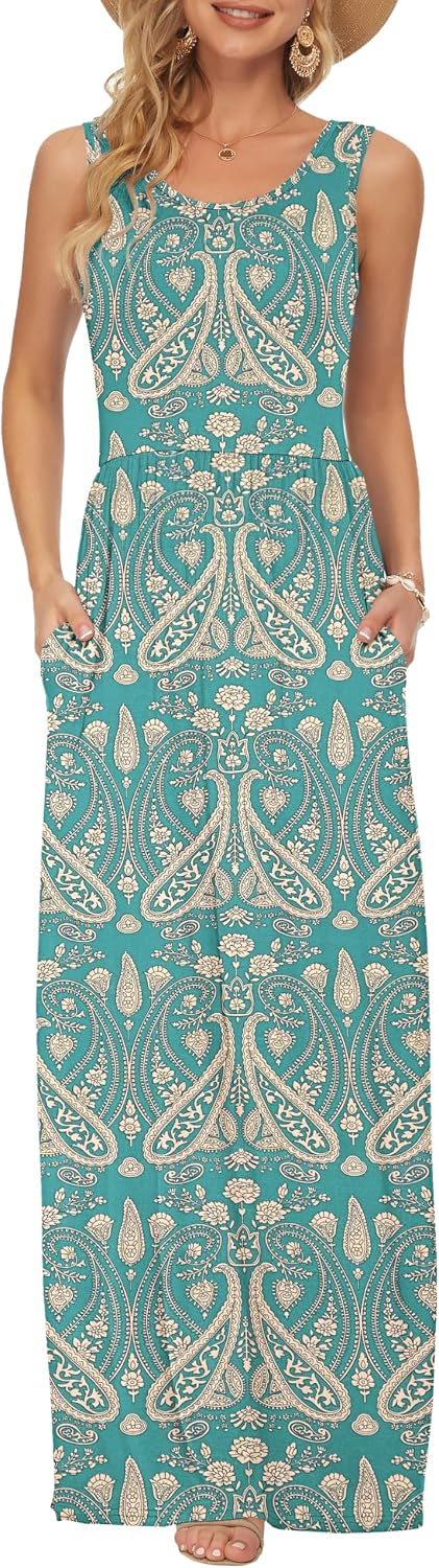 Rosalie Women's Paisley Print Sleeveless Maxi Dress with Elastic Waist and Pockets