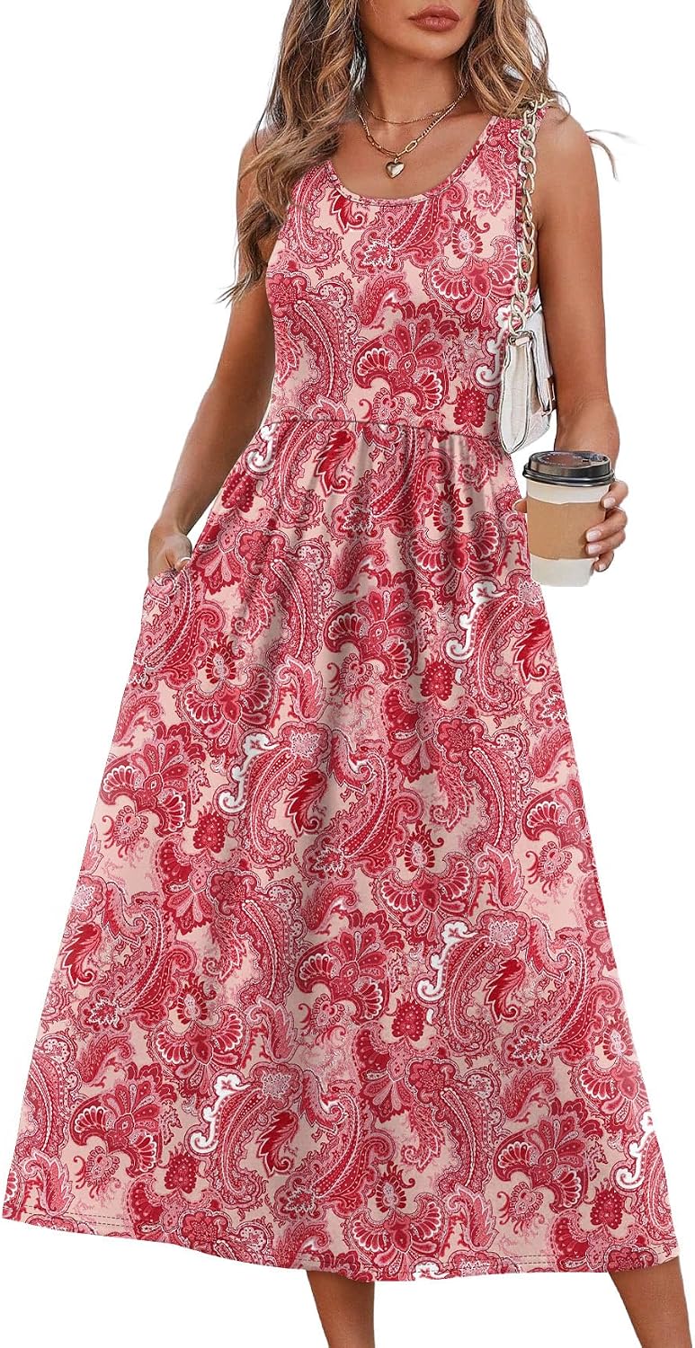 Odessa Women's Sleeveless Midi Dress with Empire Waist, Flowy A-Line Skirt & Pockets