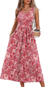 Odessa Women's Sleeveless Midi Dress with Empire Waist, Flowy A-Line Skirt & Pockets