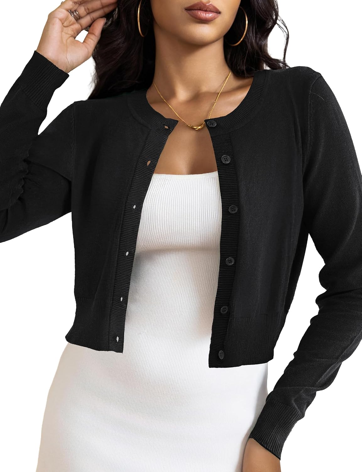 Tara Women's Cropped Knit Cardigan – Button-Up Front, Flexible Fabric & Lightweight Fit