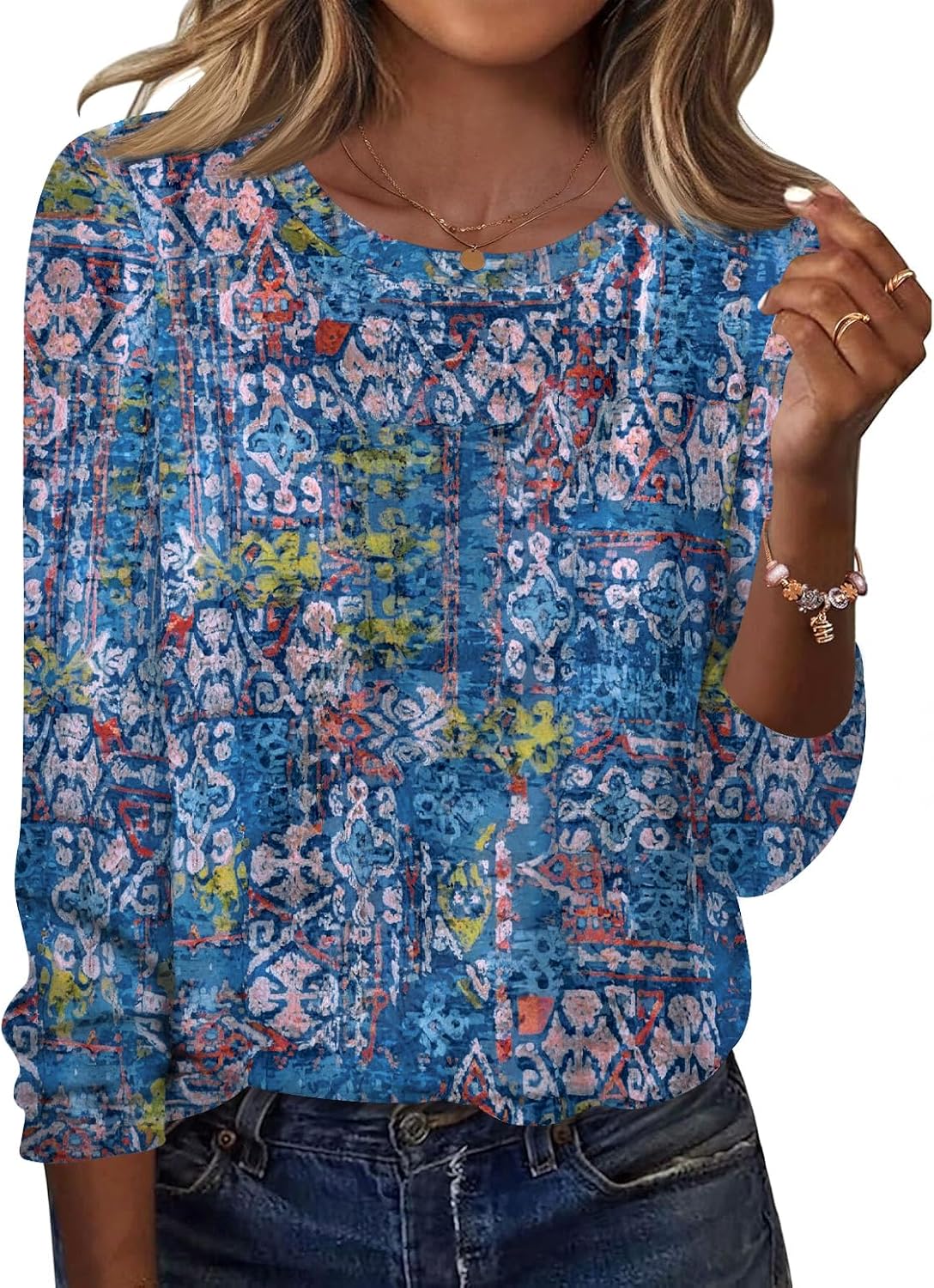 George Women's Printed Long Sleeve Top – Round Neckline, Curved Hem & Cozy Fit
