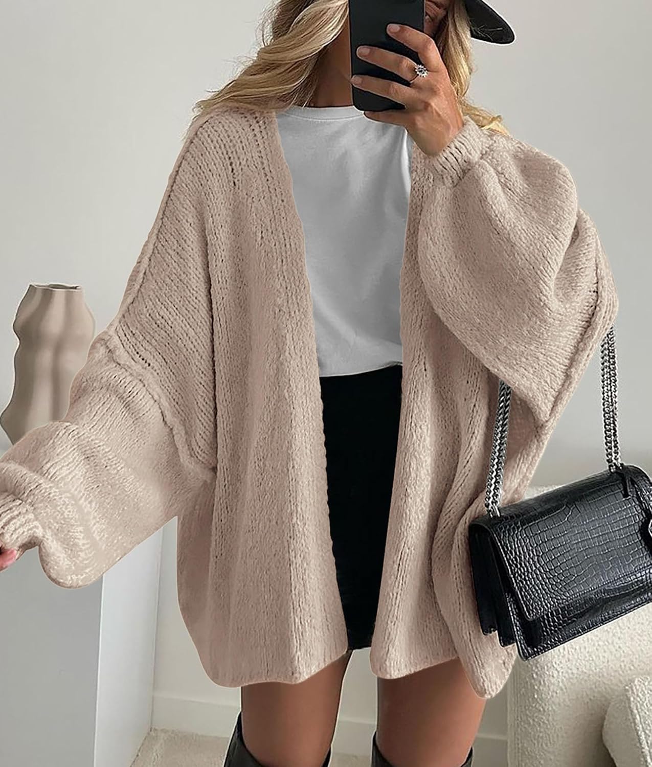 Sabrina - Oversized Open Front Chunky Knit Cardigan with Lantern Sleeves for Women