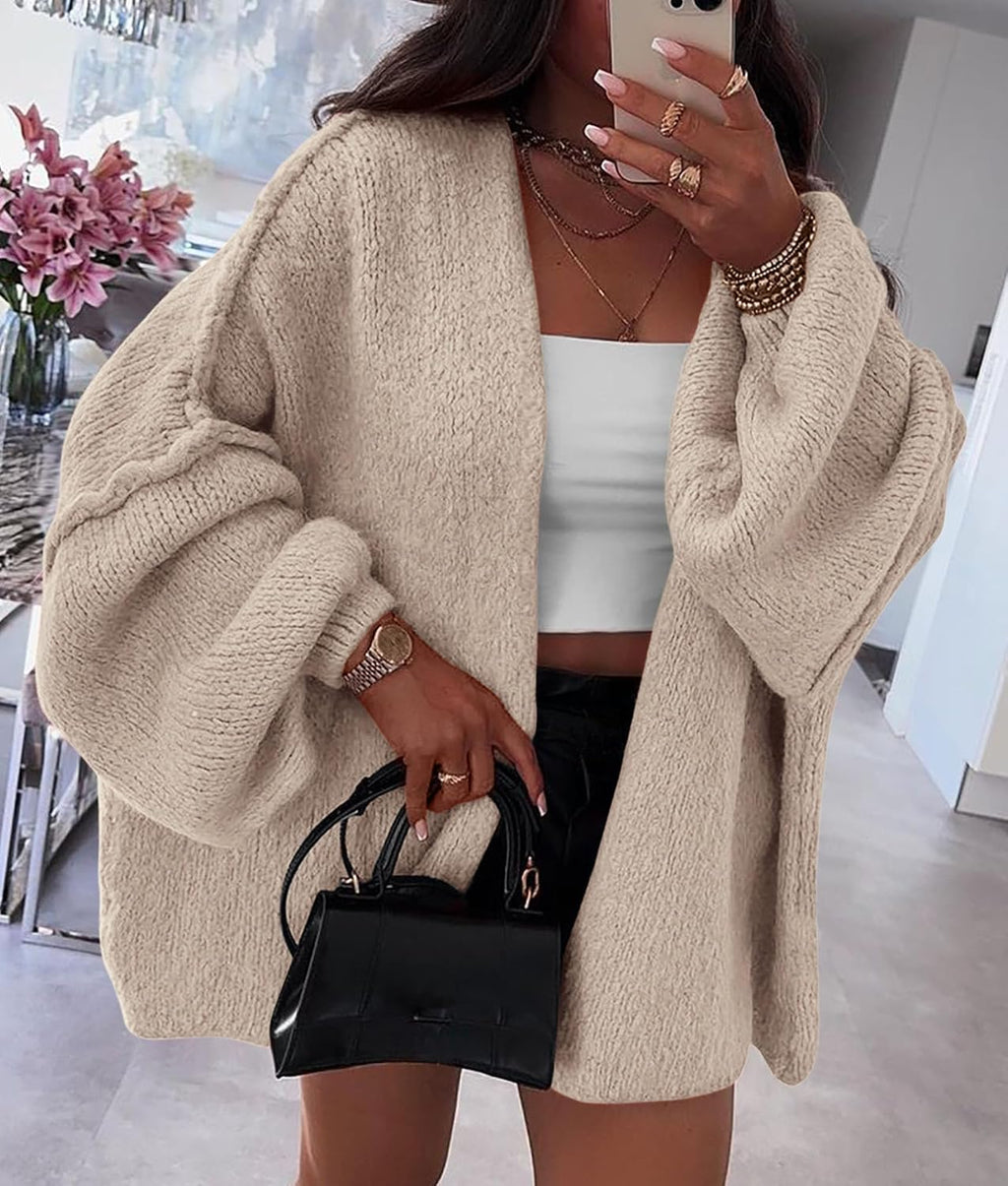 Sabrina - Oversized Open Front Chunky Knit Cardigan with Lantern Sleeves for Women