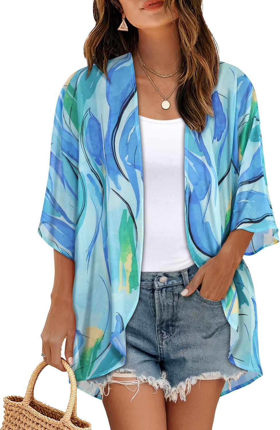 Giselle - Floral Chiffon Open Front Kimono Cardigan Beach Cover Up for Women