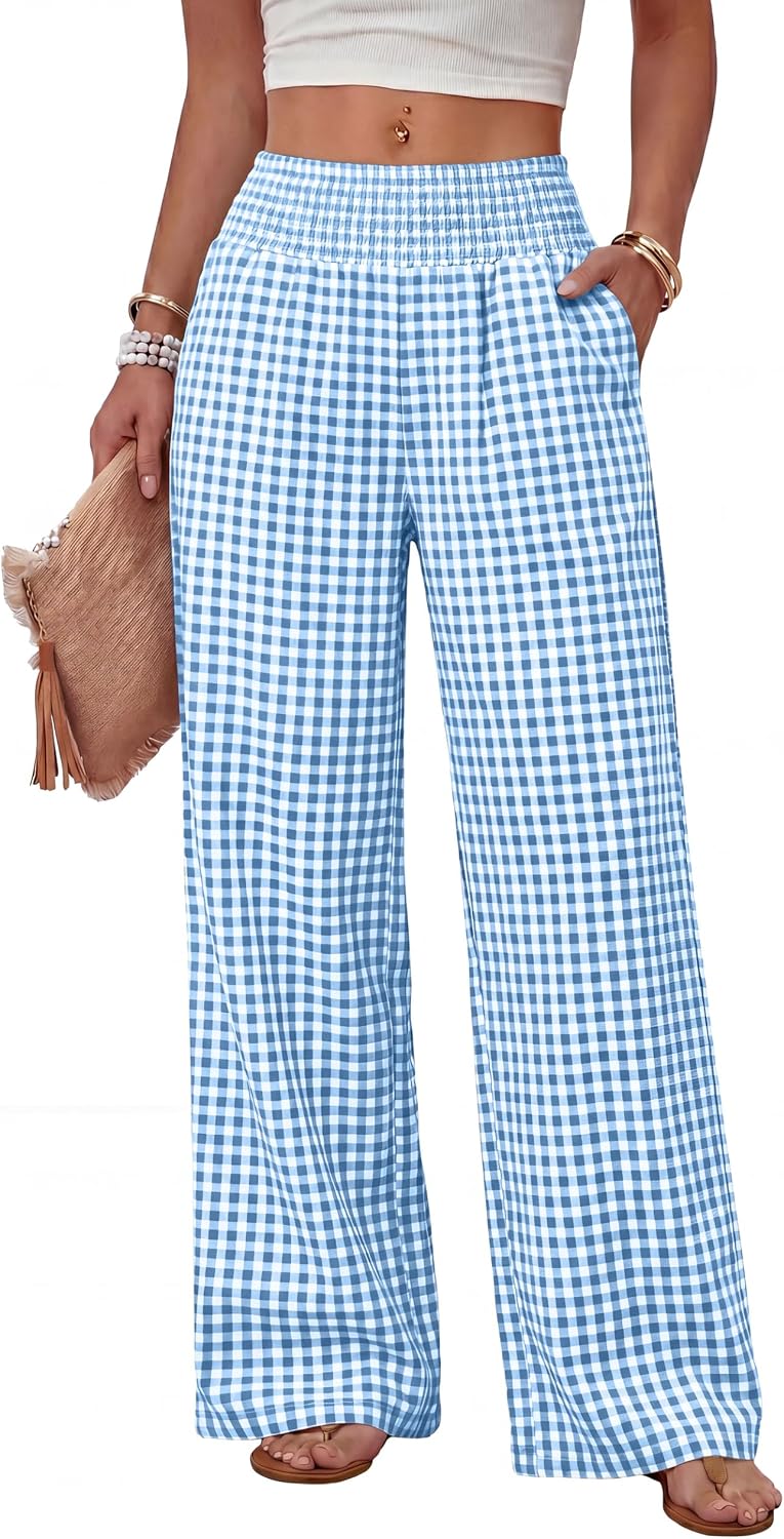 Solenne Women's High-Waisted Wide Leg Lounge Pants with Smocked Waist & Pockets