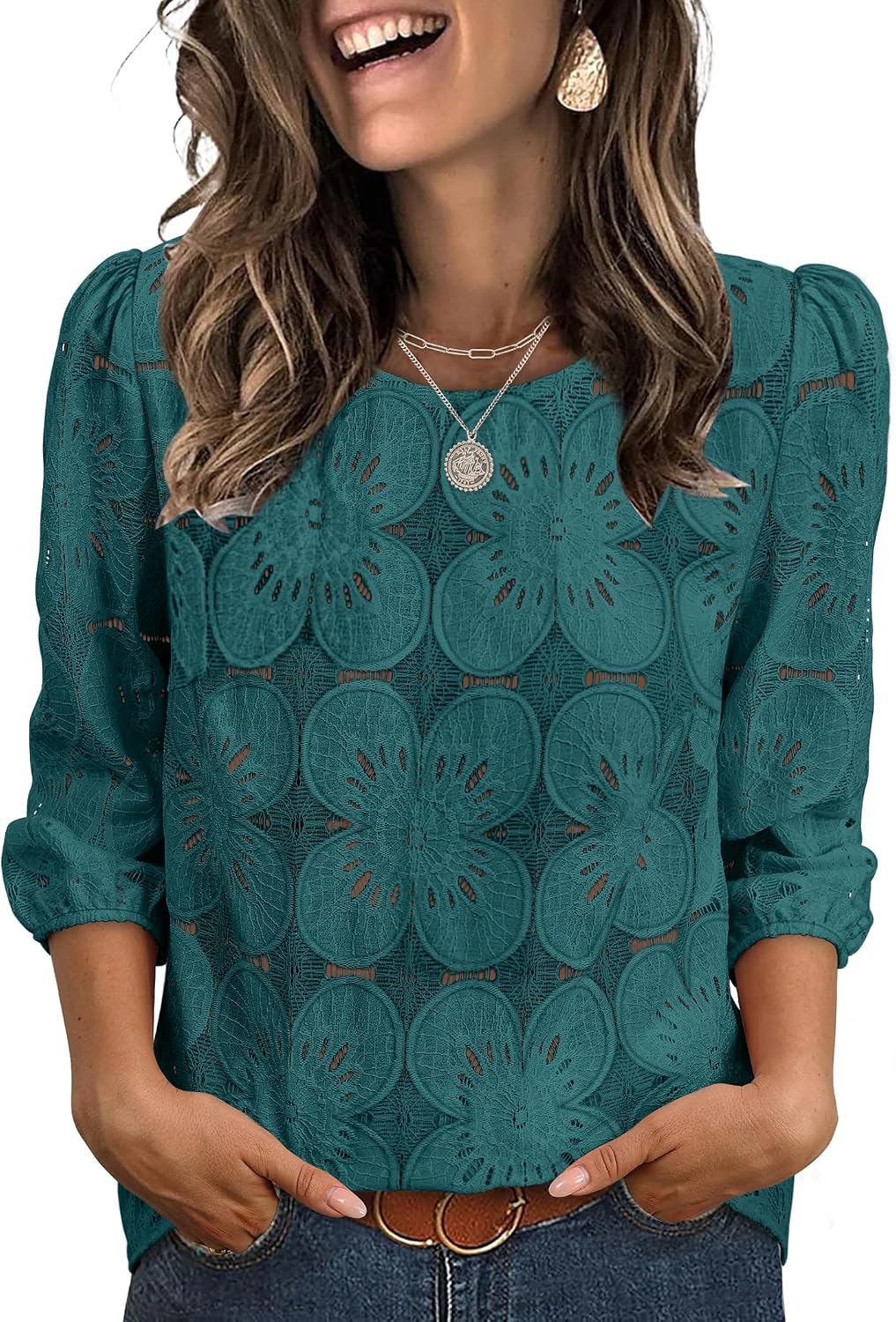 Adeline Women's Eyelet Lace Blouse with 3/4 Puff Sleeves & Embroidered Detail