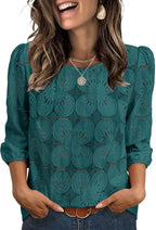 Adeline Women's Eyelet Lace Blouse with 3/4 Puff Sleeves & Embroidered Detail