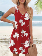 Maelynn Floral Sleeveless V-Neck Mini Dress with Curved Hem for Summer Beach Days