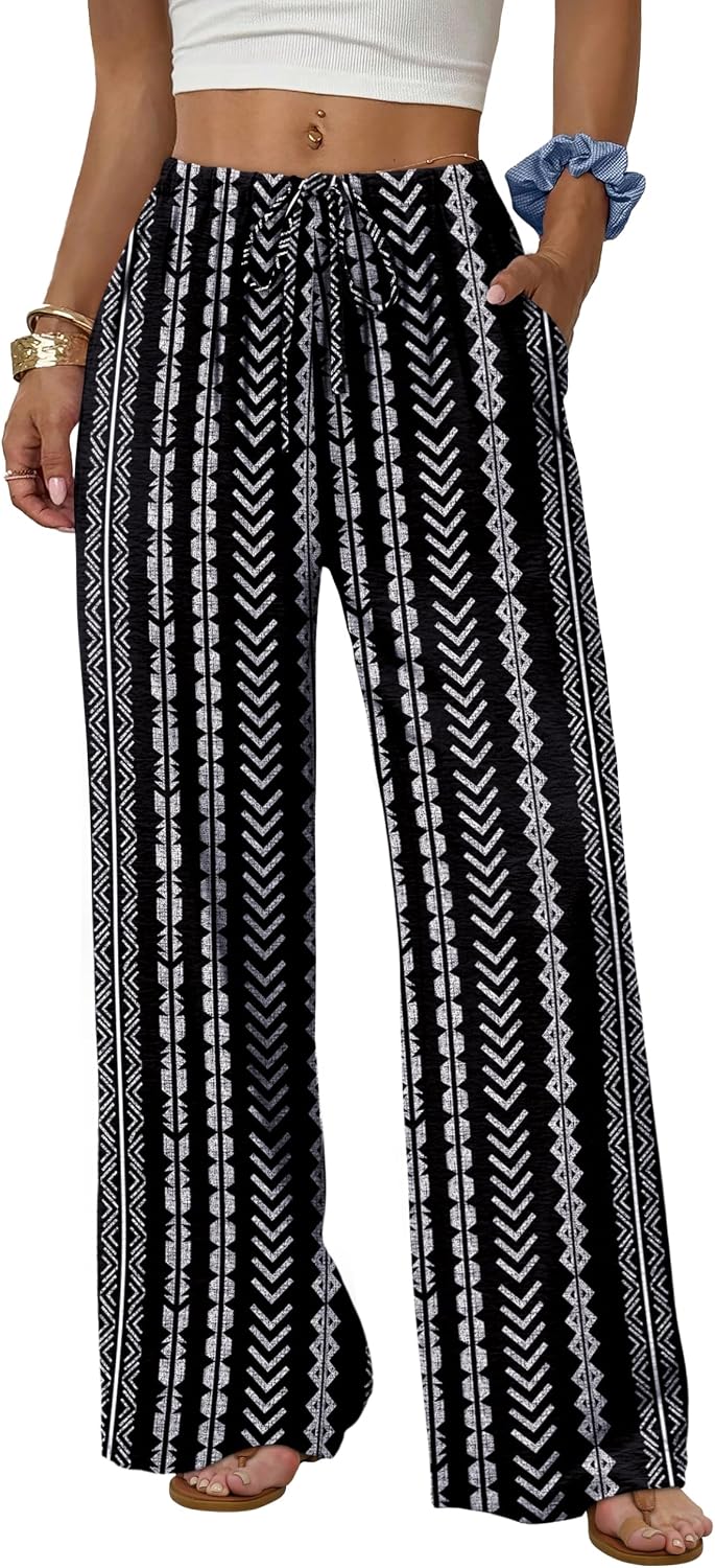 Eliska Wide Leg Drawstring Summer Trousers with Elastic Waist and Side Pockets