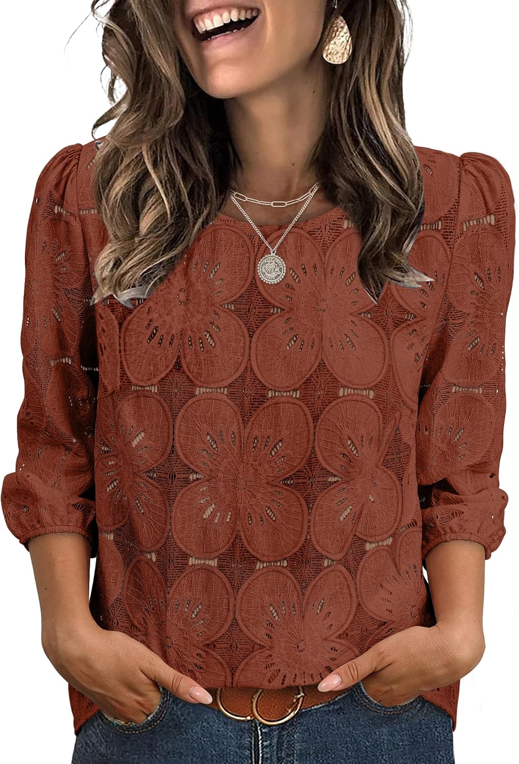 Adeline Women's Eyelet Lace Blouse with 3/4 Puff Sleeves & Embroidered Detail