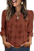 Adeline Women's Eyelet Lace Blouse with 3/4 Puff Sleeves & Embroidered Detail