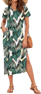 Celestia Women's Printed V-Neck Maxi Dress with Side Slits & Pockets