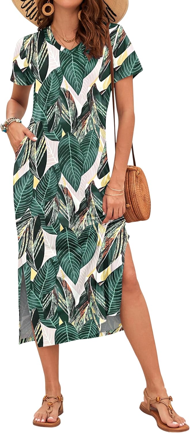 Celestia Women's Printed V-Neck Maxi Dress with Side Slits & Pockets