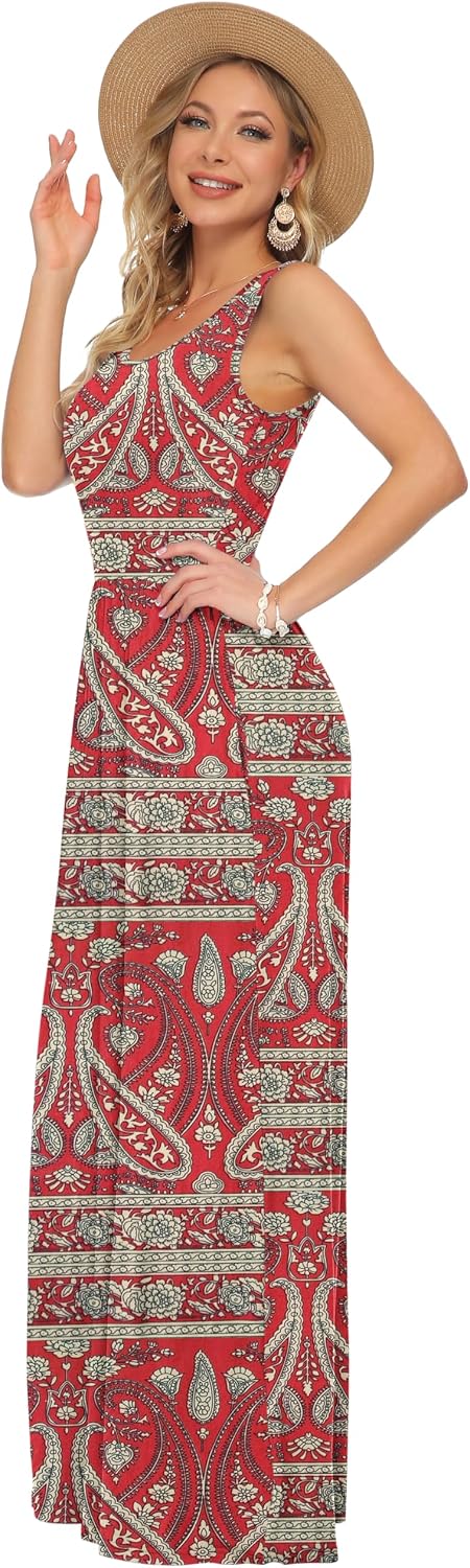 Rosalie Women's Paisley Print Sleeveless Maxi Dress with Elastic Waist and Pockets