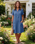 Evelina Linen Blend Shirt Dress – Short Sleeve Midi Dress with Pockets