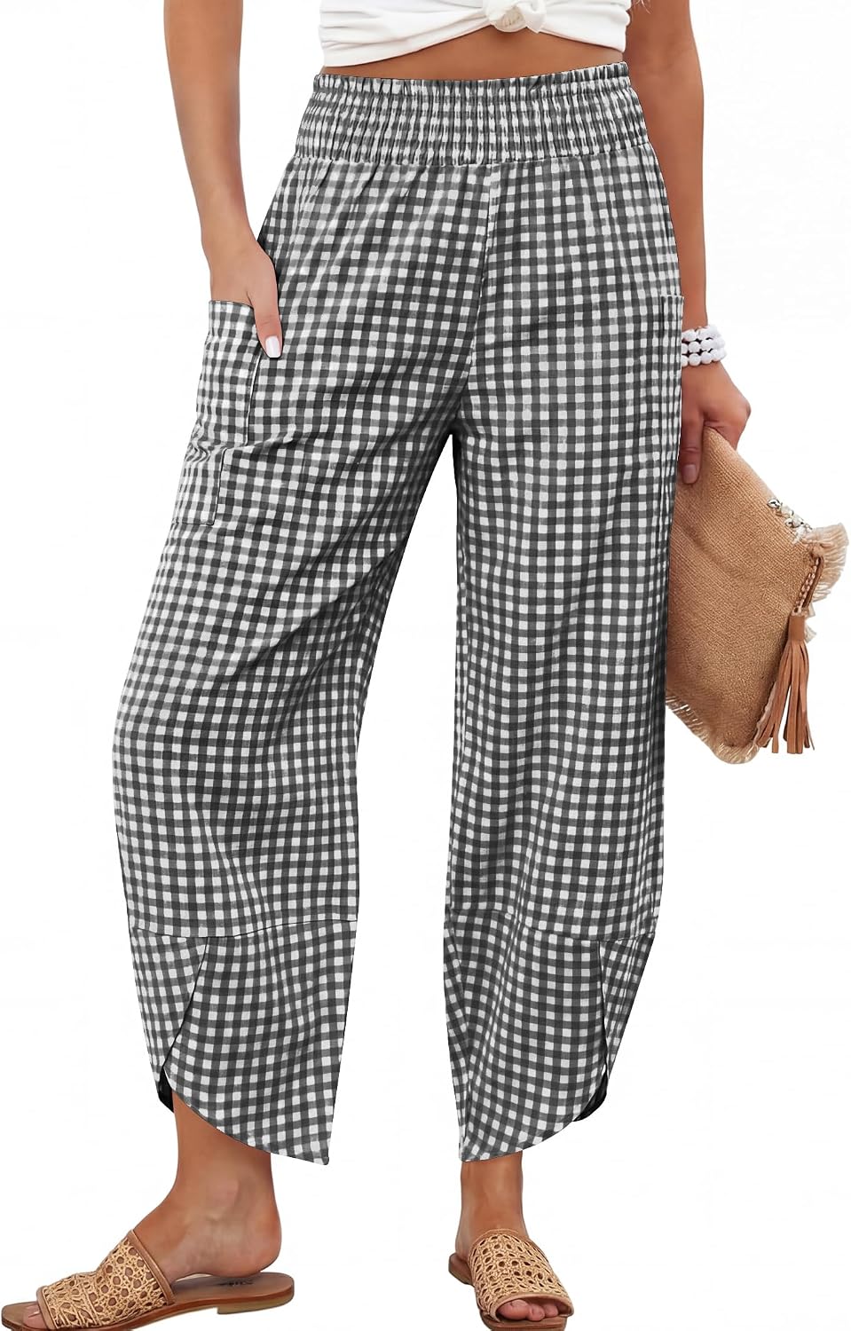 Maëlys Women's Smocked Waist Barrel Leg Cropped Pants with Utility Pockets