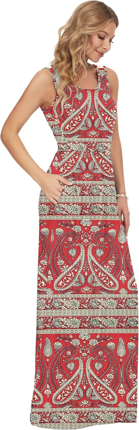 Rosalie Women's Paisley Print Sleeveless Maxi Dress with Elastic Waist and Pockets