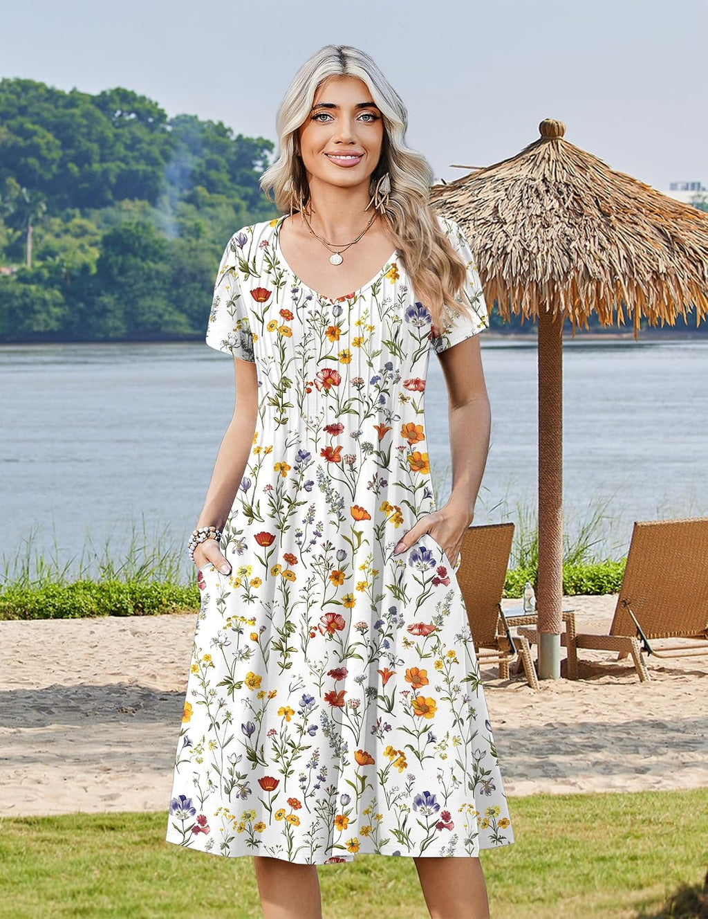 Rosalie Women's Pleated A-Line Midi Dress with V-Neck, Petal Sleeves & Side Pockets