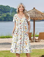 Rosalie Women's Pleated A-Line Midi Dress with V-Neck, Petal Sleeves & Side Pockets