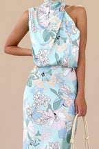 Vivienne Women's Satin Mock Neck Maxi Dress with Asymmetrical Shoulder & Flowy Skirt