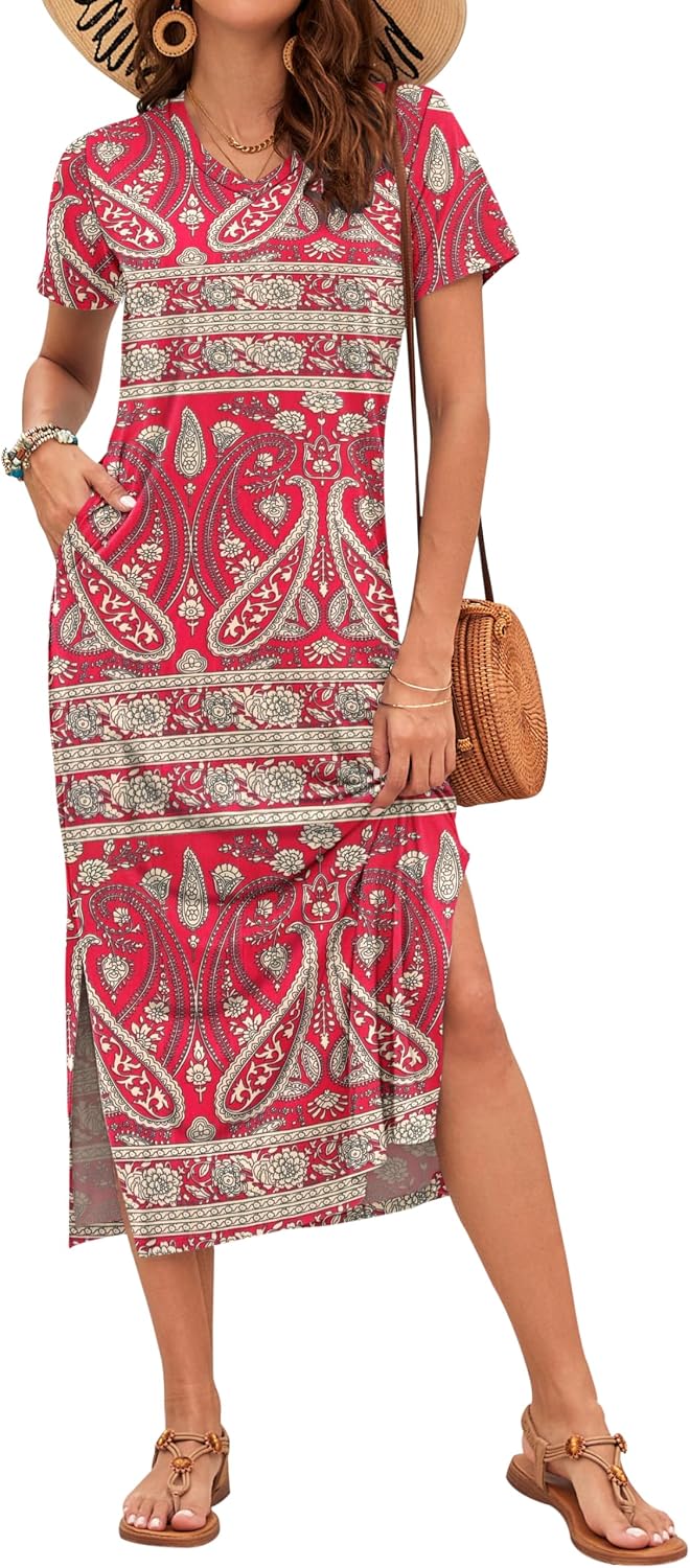 Celestia Women's Printed V-Neck Maxi Dress with Side Slits & Pockets