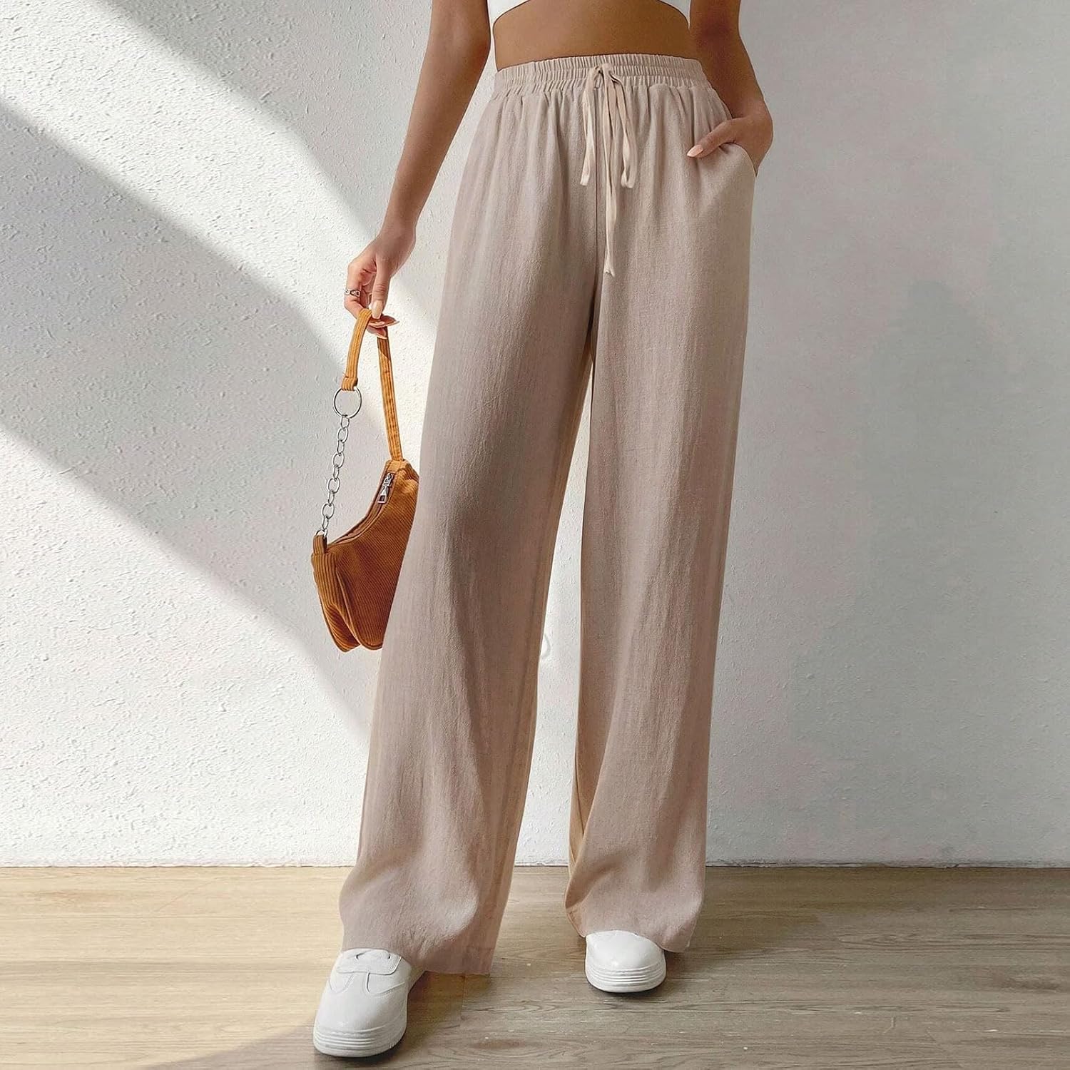 Alessia Linen Blend Wide Leg Summer Trousers with High Waist Drawstring and Side Pockets
