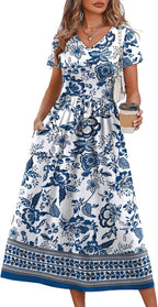 Danica Floral A-Line Midi Dress – V-Neck Short Sleeve Summer Dress with Pockets
