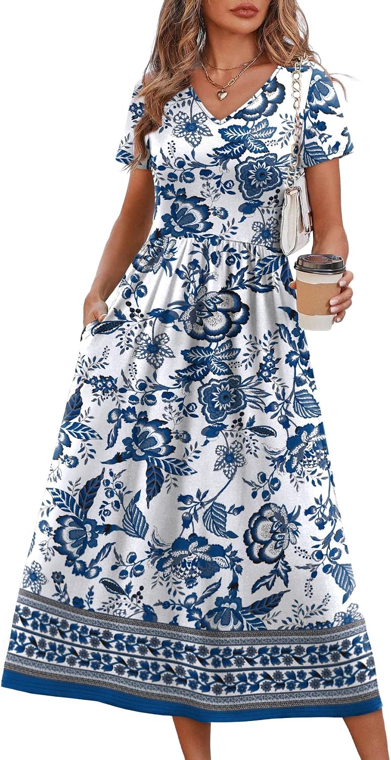 Danica Floral A-Line Midi Dress – V-Neck Short Sleeve Summer Dress with Pockets