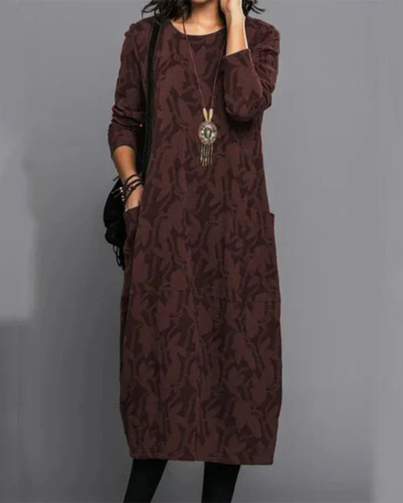 Emily Women’s Maxi Fleece Dress – Floral Long Sleeve Lounge Dress with Pockets
