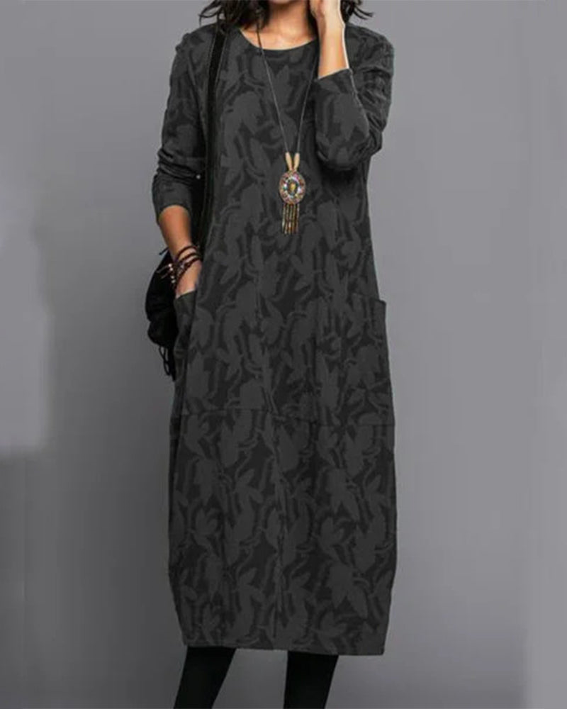 Serena Women's Long Fleece Dress – Floral Long Sleeve Dress with Pockets