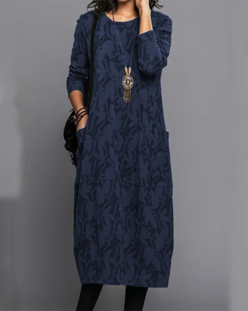 Serena Women's Long Fleece Dress – Floral Long Sleeve Dress with Pockets