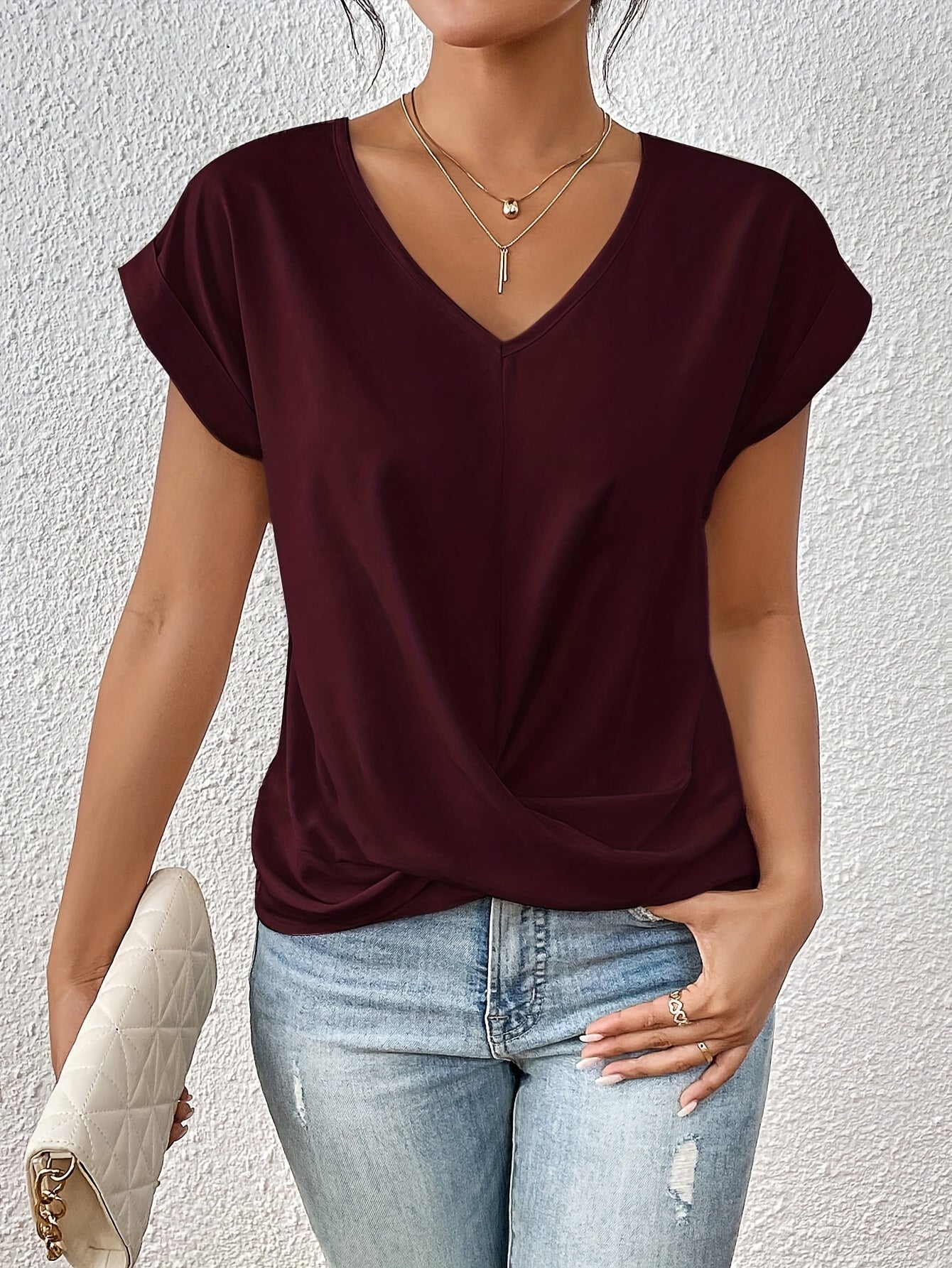 Yasmine Women’s V-Neck Top – Elegant Draped Blouse with Knot Detail & Comfortable Fit