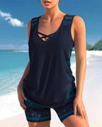 Marisol Women's Geometric Tankini Set – Full Coverage Square Neck Swimwear with Matching Shorts