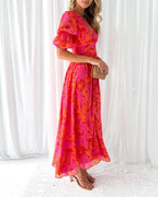 Dorothy Women’s V-Neck Dress – Elegant Flowy Dress with Puff Sleeves in Rose Pink