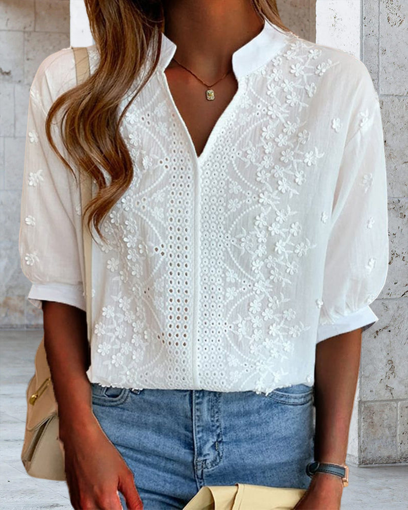 Barnaby Women's Blouse – V-Neckline Top with Puff Sleeves, Cotton-Blend Fabric & Patchwork Accents