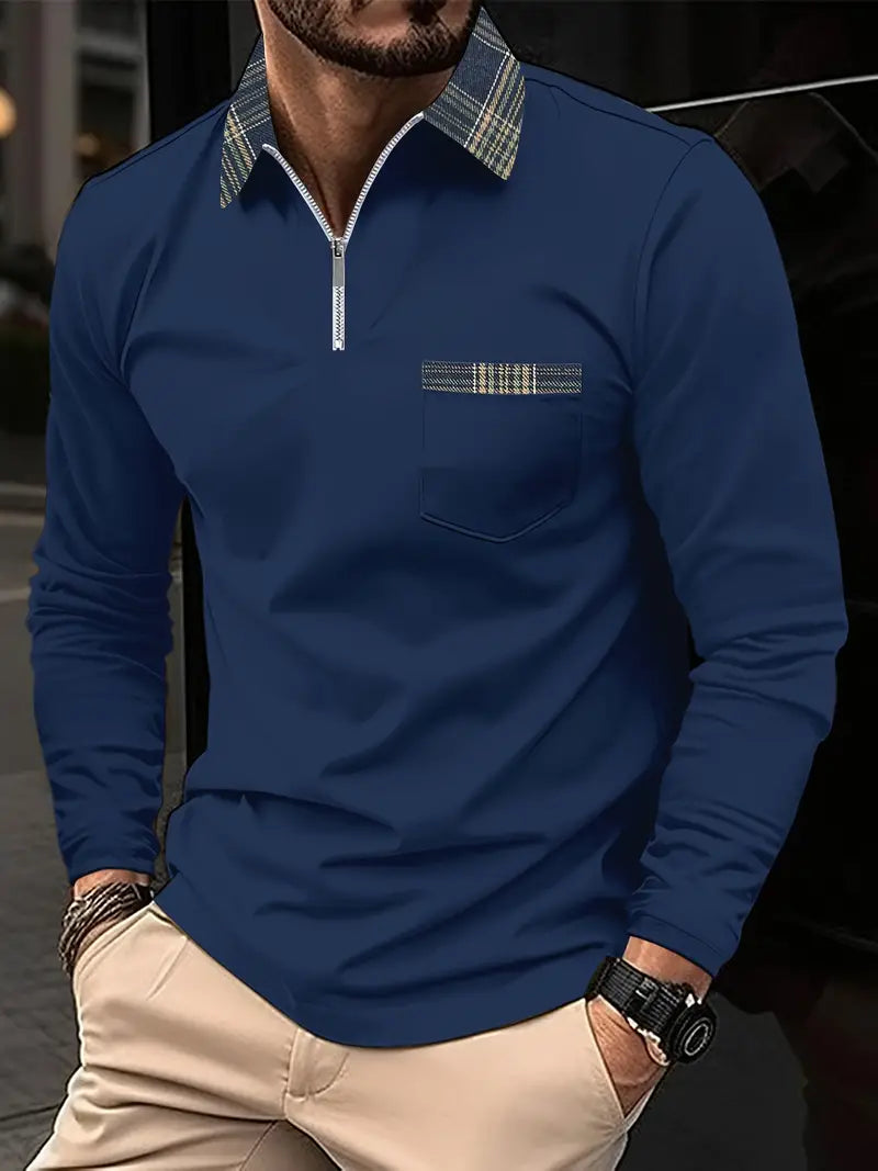Dorian Men's Long Sleeve Polo Shirt with Zip Collar & Classic Check Pattern
