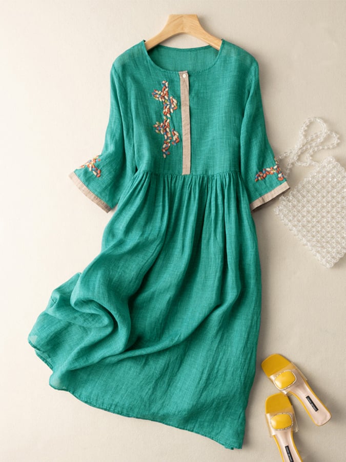 Amélie Women's Embroidered Cotton Linen Dress – Bohemian Relaxed-Fit Midi Dress