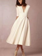 Alessia Women's Midi Dress – Elegant V-Neck A-Line Dress with Flattering Fit