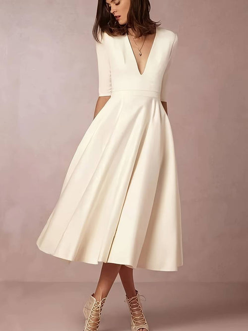 Alessia Women's Midi Dress – Elegant V-Neck A-Line Dress with Flattering Fit