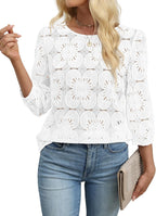 Adeline Women's Eyelet Lace Blouse with 3/4 Puff Sleeves & Embroidered Detail