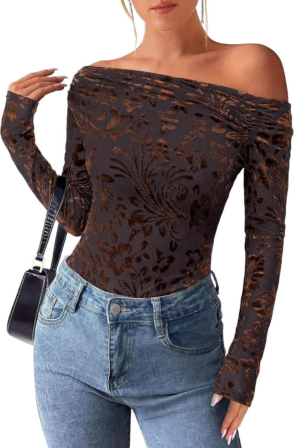 Melissa Women's Floral Off-Shoulder Top – Asymmetric Neckline, Full-Length Sleeves & Tailored Fit