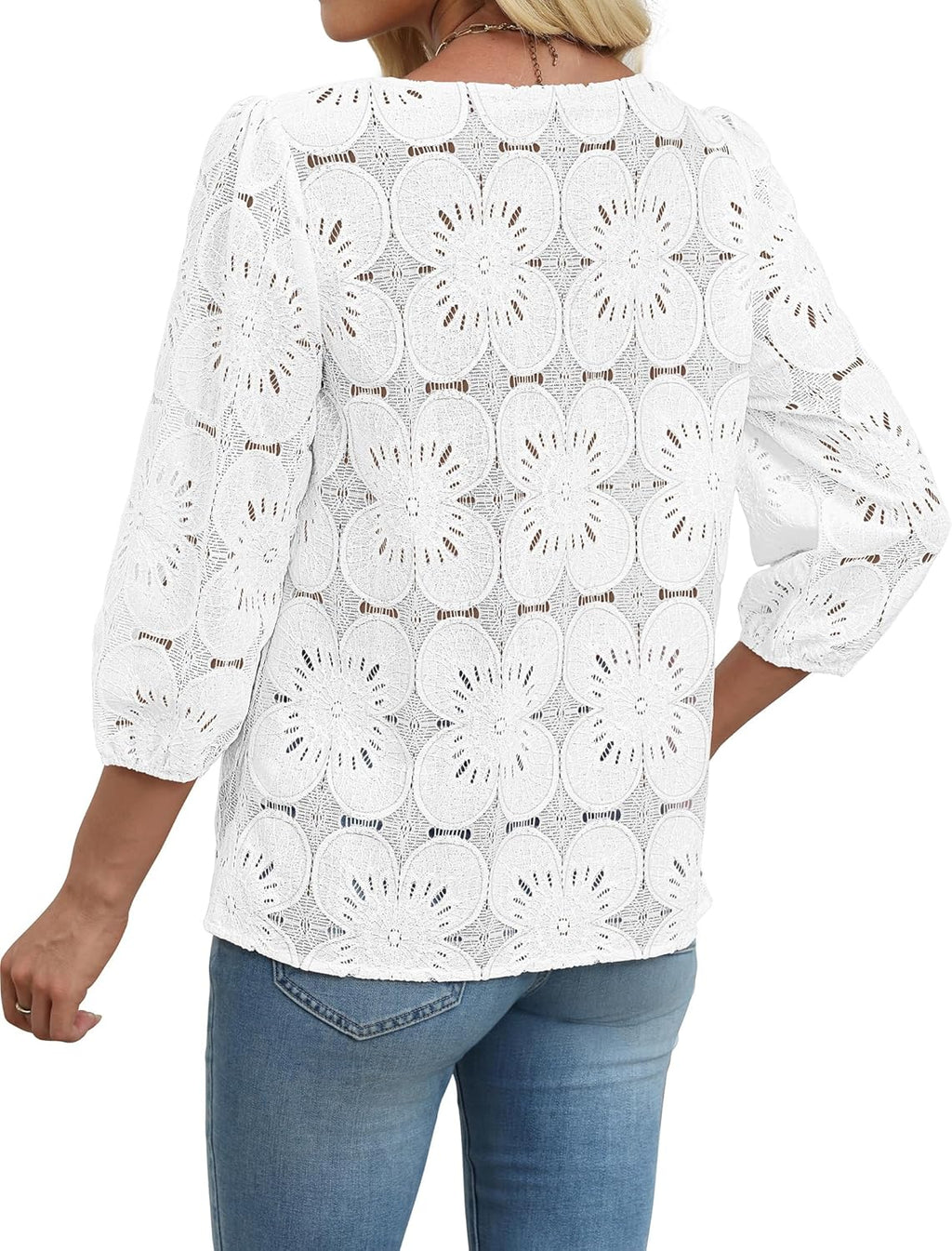 Adeline Women's Eyelet Lace Blouse with 3/4 Puff Sleeves & Embroidered Detail