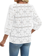 Adeline Women's Eyelet Lace Blouse with 3/4 Puff Sleeves & Embroidered Detail