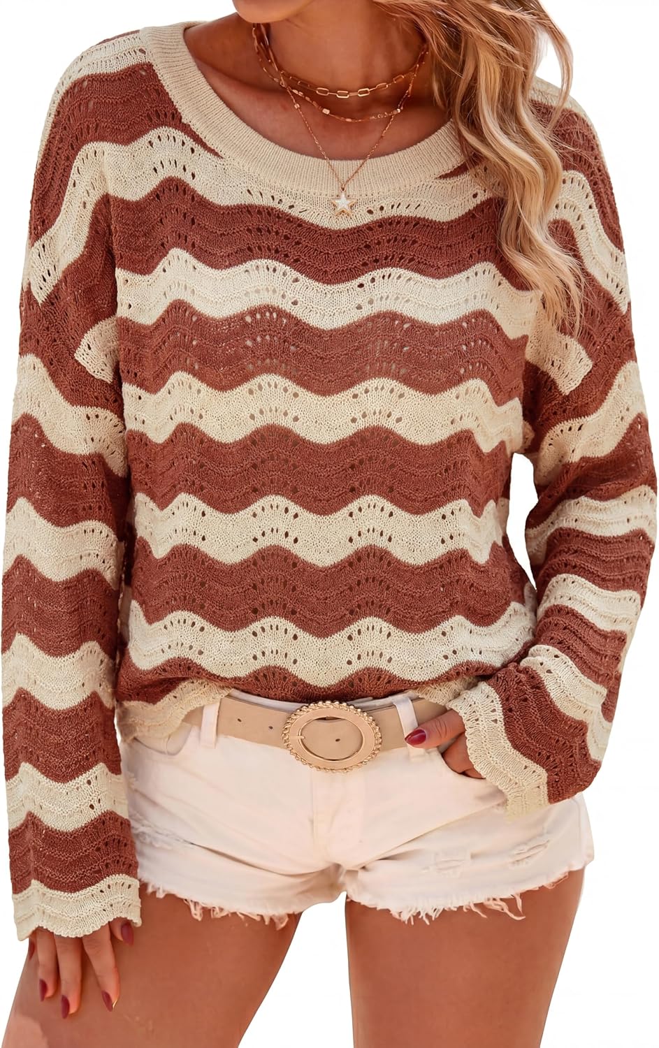 Lourdes - Linen Blend Oversized Striped Crochet Bell Sleeve Summer Sweater for Women