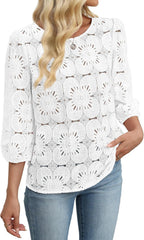 Adeline Women's Eyelet Lace Blouse with 3/4 Puff Sleeves & Embroidered Detail