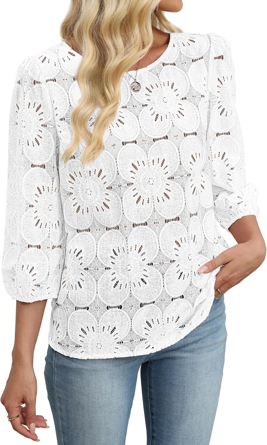 Adeline Women's Eyelet Lace Blouse with 3/4 Puff Sleeves & Embroidered Detail