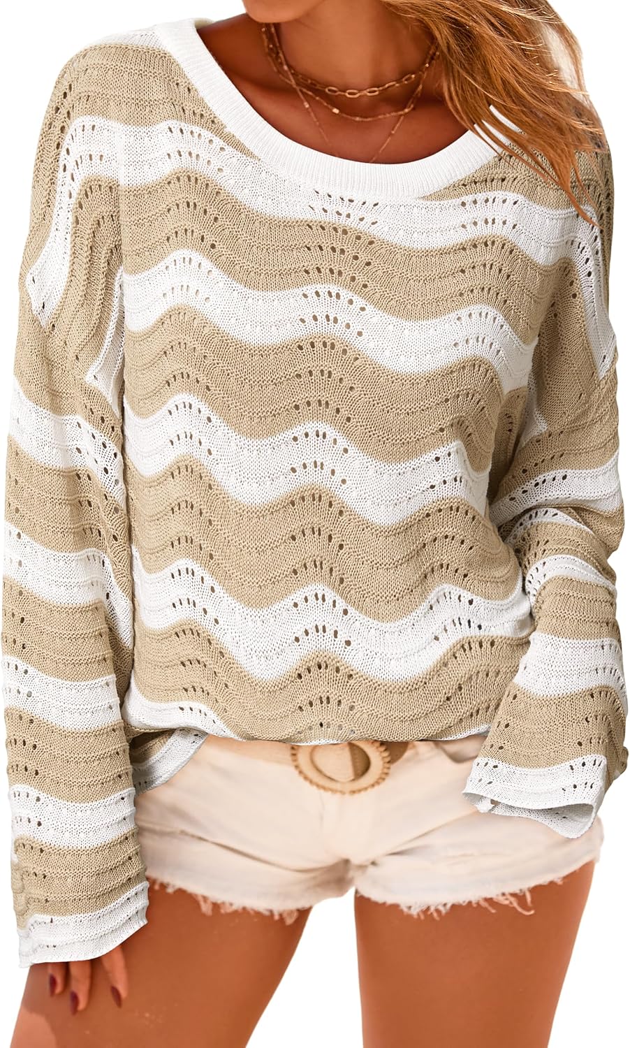 Lourdes - Linen Blend Oversized Striped Crochet Bell Sleeve Summer Sweater for Women