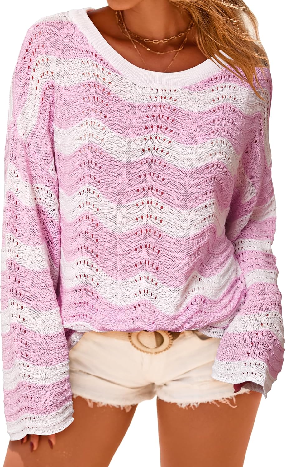Lourdes - Linen Blend Oversized Striped Crochet Bell Sleeve Summer Sweater for Women