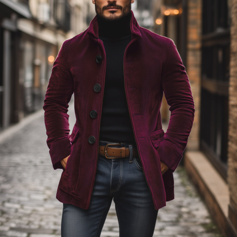 Simon Men's Corduroy Coat – Fitted Silhouette with Mandarin Collar & Sophisticated Side Slip Pockets