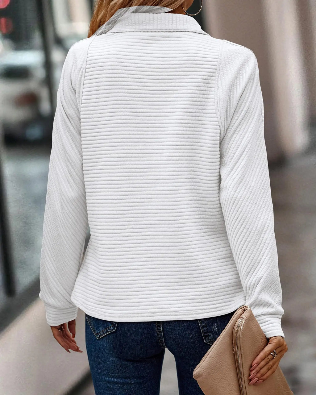 Leyna Women’s Knit Sweater – Ribbed Zip Neck Jumper for Casual Chic Autumn Style